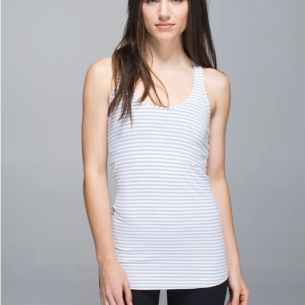 Lululemon White + Gray Stripe Cool Racerback Tank